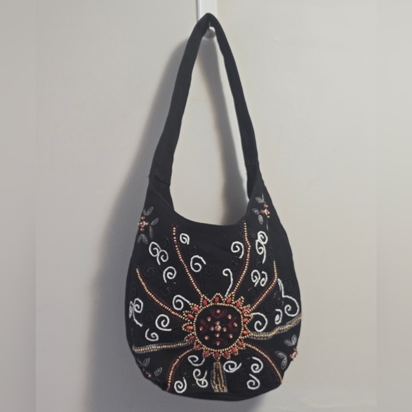 Rachel Handbags - Rachel Black Embroidered Shoulder Bag with Bead Detailing